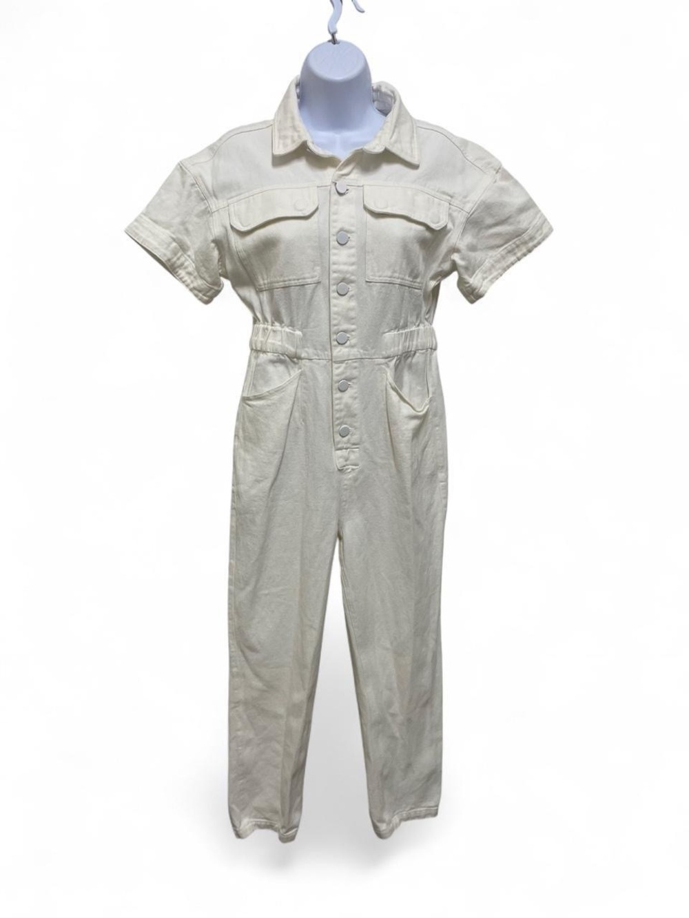 YLLW Women's Cream/ White Short-Sleeve Button-Front Denim Jumpsuit Size S